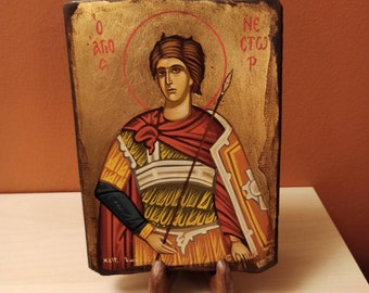 Saint Nestor ( Άγιος Νέστωρ ) hand painted Greek Orthodox Byzantine icon.