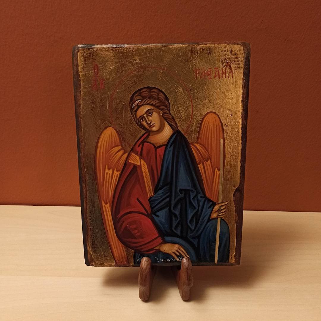 The Archangel Raphael, ( Ο Αρχάγγελος Ραφαήλ ), hand painted Greek Orthodox Byzantine icon.