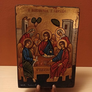 Abraham&#39;s Hospitality ( Η Φιλοξενία του Αβραάμ ) hand painted Greek Orthodox Byzantine icon.