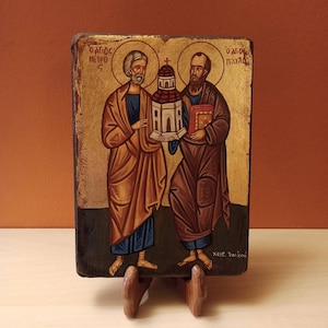 Los apóstoles Pedro y Pablo (Απόστολοι Πέτρος και Παύλος) icono bizantino ortodoxo griego pintado a mano.