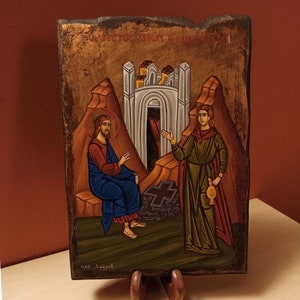 Jesus talking to the Samaritan women at the well, hand painted Orthodox, Byzantine icon.