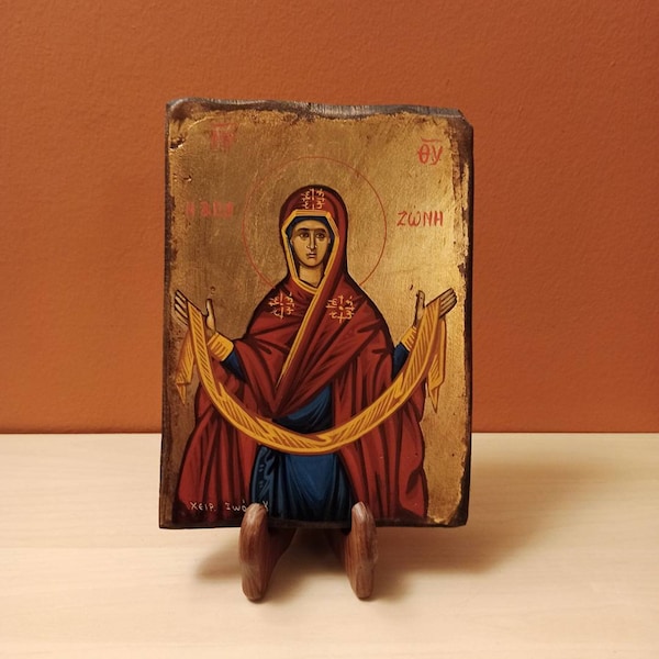 The Virgin Marys Belt ( Η Αγία Ζώνη ) hand painted Greek Orthodox Byzantine icon.