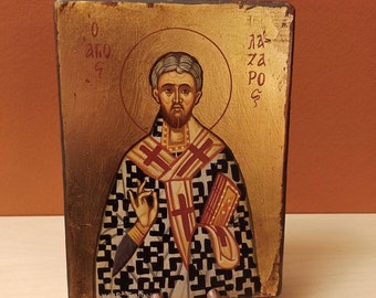 San Lázaro, ( Ο Άγιος Λάζαρος ) icono bizantino ortodoxo griego pintado a mano.