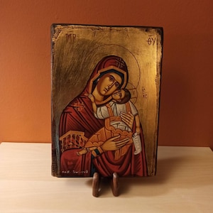 The Virgin Mary and Child ( Η Θεοτόκος, hand painted Greek Orthodox Byzantine icon.
