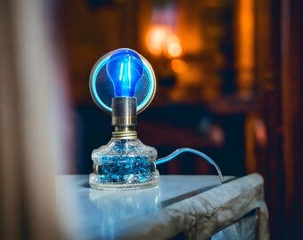Vintage Mirror Lamp Blue Bulb with Old Oil Lamp Upcycling