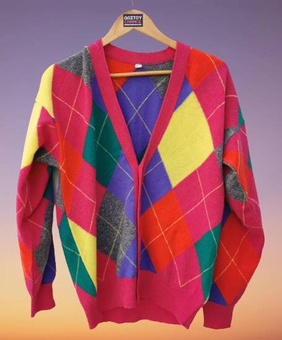 Vintage V-neck cardigan/ Red geometric rhombic/ 1… - image 3