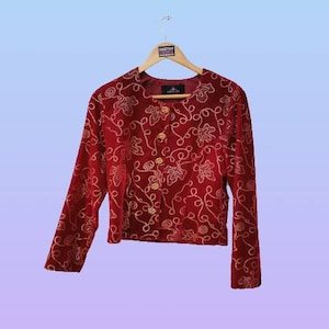 Vintage Choices Blazer, Red Velvet Long Sleeves,Button-Up Top,Chic Elegant coat,Short jacket ,80&#39;s 90&#39;s,Woman Size 10 To fit Bust 81cm 32in
