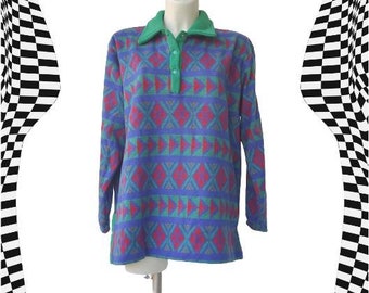 Vintage Fleece Sweater/ Brand new Pullover/ 80s-90s Geometric Pattern/Multicolor Blue-Green-Red/ Long sleeve Sweater/Made in Cyprus / Size L