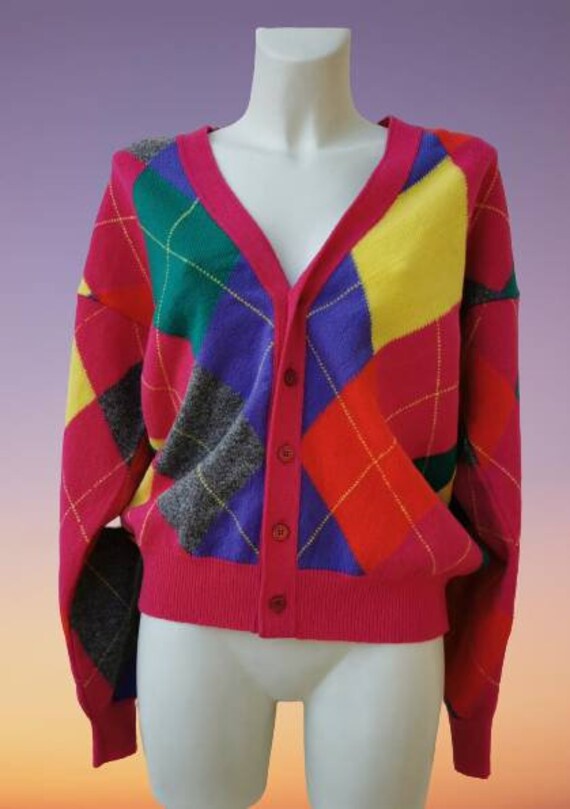 Vintage V-neck cardigan/ Red geometric rhombic/ 1… - image 5