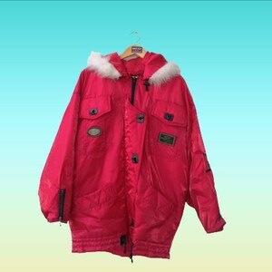 Authentieke Vintage lange jas / vrouw glanzend rode overjas / italië collectie / Trench Casual outwear / Originele Retro 80s-90s / Santa Claus / Maat Medium