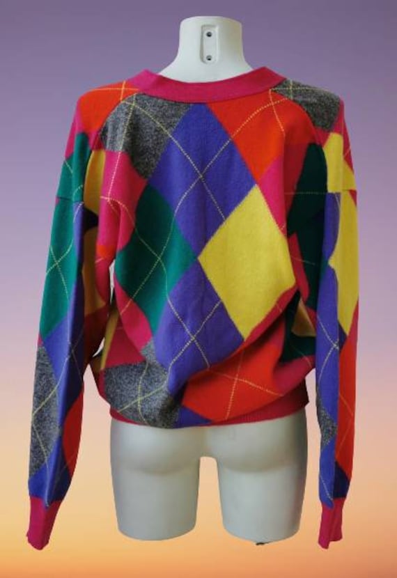 Vintage V-neck cardigan/ Red geometric rhombic/ 1… - image 4
