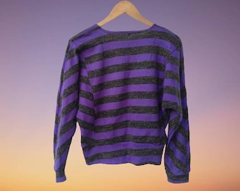 Vintage women's sweater/ Purple-black with Metallic Filigree Details in horizontal stripes/Brand New Long sleeve Pullover /Size (2) Small