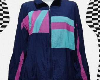 Veste unisexe XL vintage/ Blocs de couleur bleu-rose-turquoise des années 90/ Sports rétro/coupe-vent/ Rave/ Fête/ Festival/Cadeau parfait pour elle/ Taille XL