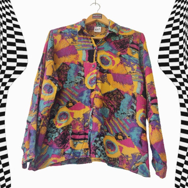 Vintage kleurrijke abstracte Bloose / gloednieuwe / jaren 80-90 abstract veelkleurig patroon / women's top / retro unieke hipster stijl / voor haar maat medium