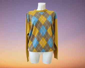 Vintage 80s-90's knit Sweater/ Brand New/ Made in cyprus by Trikoza/ Mustard Color with Geometric Rhombic/ Retro Gift / Size Medium to Large