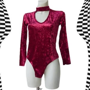 Vintage 90s Red Velvet Long Sleeve Bodysuit/ Crushed Velvet leotard/ Halter Neck/Womans Pole dance-Ballet Dance/ Made in Italy / Size 2
