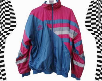 Kurtka wiatrówka Vintage EQUIPE z lat 90. w blokach kolorów/Niebiesko-czerwono-szary-srebrny/Odzież sportowa/Oldschoolowa/Uniseks/Rozmiar: XL