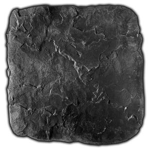 May include: A dark gray, irregularly shaped stone with a rough, textured surface. The stone has a natural, rustic look.