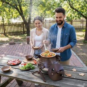 Puede incluir: Una olla de cocina marrón para exteriores con tapa y soporte, llena de comida cocinada. Una pareja sirve la comida en cuencos sobre una mesa de madera. Ingredientes frescos y carne cruda también están sobre la mesa.