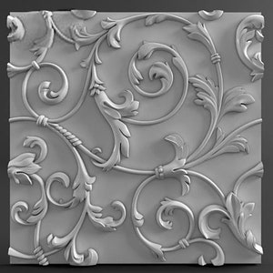 May include: A white, decorative, ornate, plaster wall panel with a repeating pattern of stylized leaves and vines.