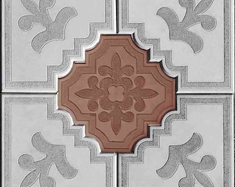 May include: Four white square tiles with a brown tile in the center. Each white tile has a gray floral design in the corner. The brown tile has a gray floral design in the center.