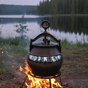 Puede incluir: Una olla de camping de metal oscuro con asa está colocada sobre una fogata. La olla se asienta sobre un trípode, con llamas y chispas. El fondo presenta un lago y un bosque bajo un cielo oscuro.