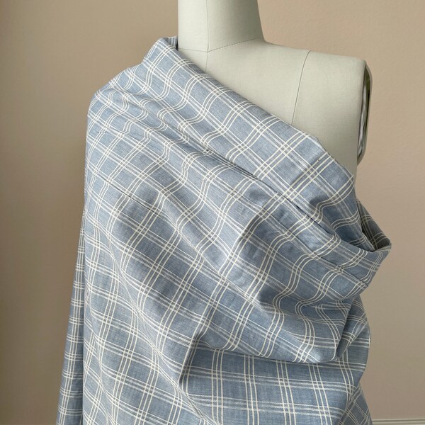 Cotton Fabric by The Yard Plaid Non Stretch Woven Yarn Dyed Cotton Shirting Lightweight  for Sewing Top Dress - Lt Blue Ecru CN17
