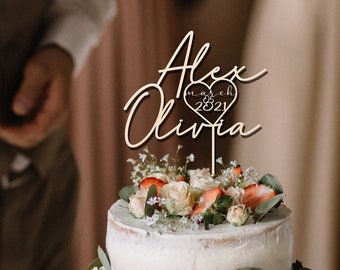 Gouden bruidstaart topper met datum/gepersonaliseerde taart topper/rustieke bruidstaart topper/aangepaste heer mevrouw taart topper/verjaardagsfeest