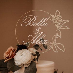 Personalized Acrylic Wedding Cake Topper | Clear | Floral Cake topper |with Cake Picks | Classic | Minimal | Simple | Mr and Mrs cake topper