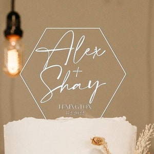Personalized Gold Acrylic Wedding Cake Topper | Clear | Hexagon |with Cake Picks | Classic | Minimal | Simple | Mr and Mrs cake topper