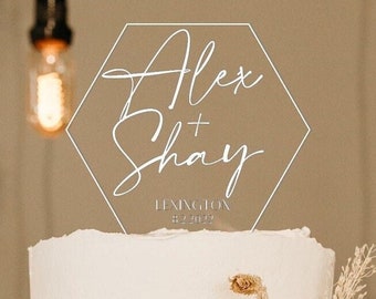 Personalized Acrylic Wedding Cake Topper | Clear | Hexagon |with Cake Picks | Classic | Minimal | Simple | Mr and Mrs cake topper