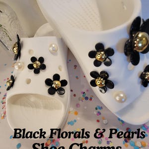 Black Flower Croc Shoe Charms / Faux Pearl Shoe Charms / Shoe Charms / Garden Shoes / Shoe Accessories / Footwear Accessories / Clog Charms