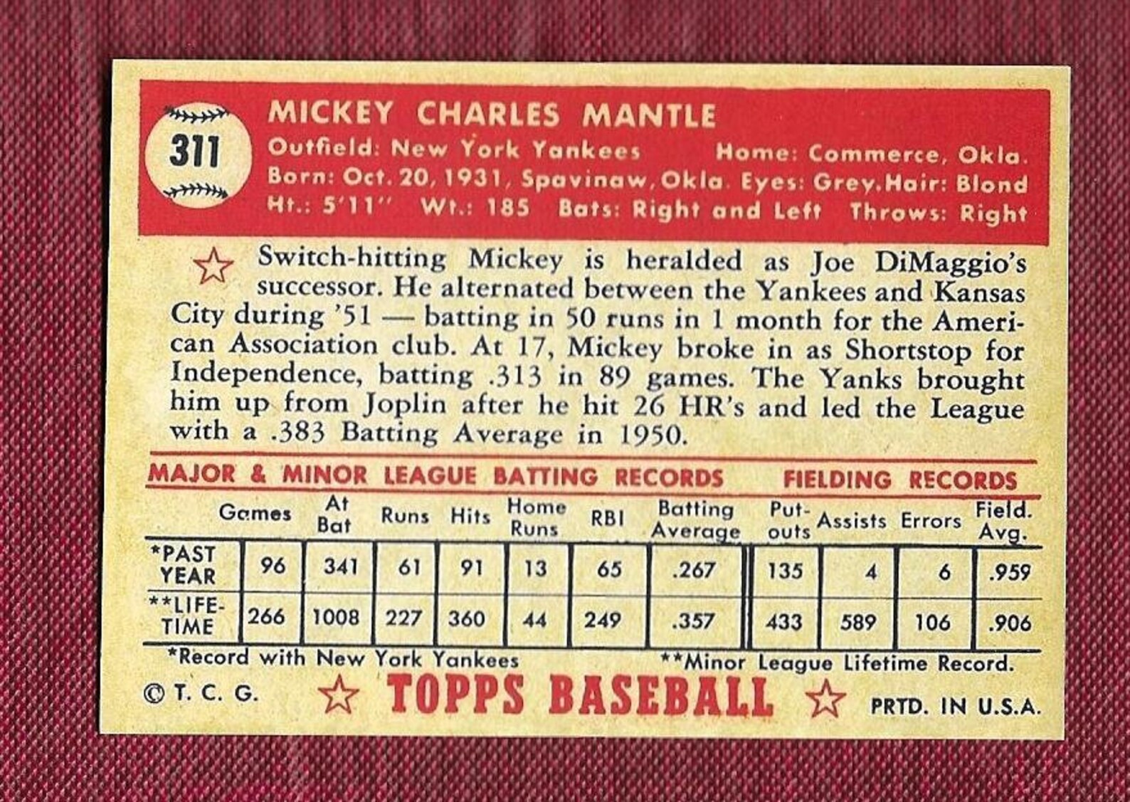 1952 Topps 311 Mickey Mantle Rookie Card REPRINT Etsy