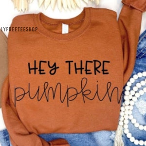 May include: A rust-colored long-sleeve crewneck sweatshirt featuring the black text HEY THERE pumpkin printed on the front. The sweatshirt is displayed alongside a brown wide-brim hat, blue denim jeans, and a strand of white wooden beads with tassels.