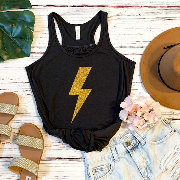 Summer Tanks, Gold Glitter Lightning Bolt Tank Top, Lightening Bolt Tank, Womens Racerback Tank Top, Racerback Tank Top, Flowy Tank Tops