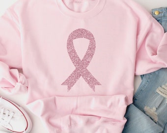 Sparkly Pink Ribbon Sweatshirt, Pink Breast Cancer Shirt, Chemo Gifts, Breast Cancer Awareness Shirt, Cancer Gifts, Supportive Apparel