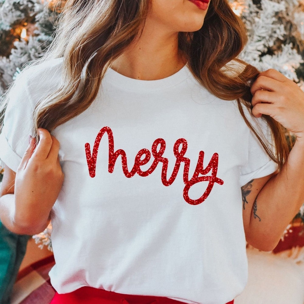 Christmas T-Shirt Merry Christmas Shirt, Glitter Merry Christmas T-Shirt, Holiday Shirts Women, Merry Christmas, Christmas Tshirt, Christmas Crewneck Tee Glitter Christmas