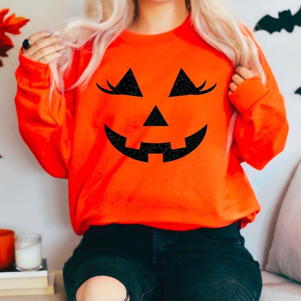 Plus Size Halloween Halloween Sweatshirt, Pumpkin Sweatshirt, Glitter Jack O Lantern, Halloween Sweater Women, Long Sleeve Shirts, Halloween Costumes, Plus Size Halloween Sweater Unisex Style Prowallart