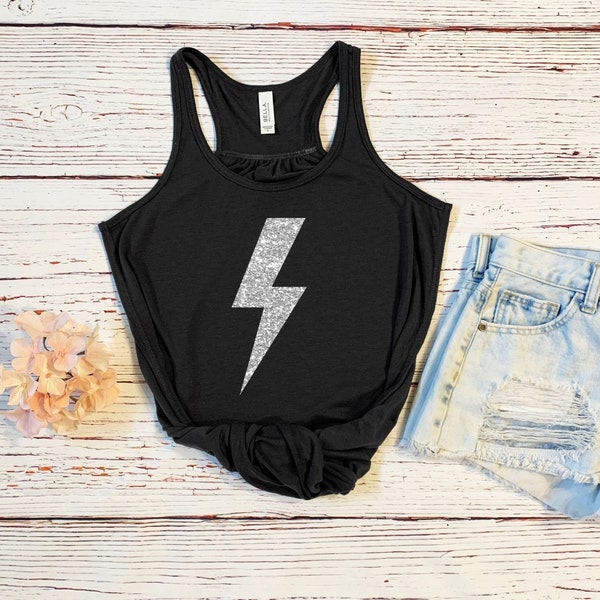 Summer Tanks, LIghtning Bolt Tank Top, Silver Glitter Lightening Bolt Tank, Womens Racerback Tank Top, Racerback Tank Top, Flowy Tank Tops