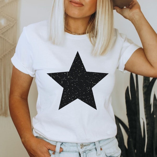 Star Shirt, Black Glitter Star Tshirt, Womens Clothing Tshirts , Star Tee Shirt, Gifts for Women, Casual Clothes, Five Point Star Shirt