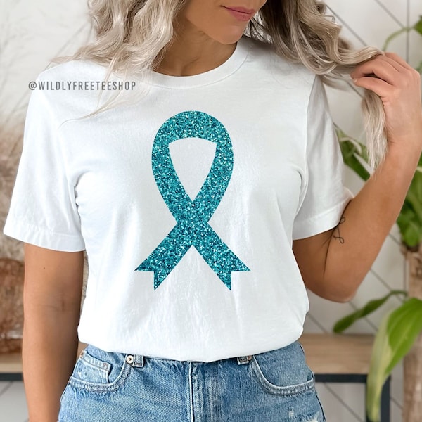 Maglietta per la sensibilizzazione sul cancro ovarico con nastro verde acqua: maglietta in morbido cotone - Support Gifts