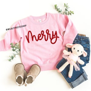 Kids Red Glitter Merry Sweater, Cute Christmas Shirts for Kids, Toddler Girl Christmas Outfit, Holiday Shirts Children, Kids Christmas Shirt