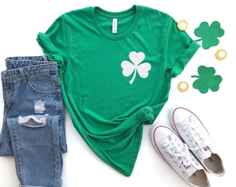 Camiseta de trébol: camiseta de trébol de cuatro hojas con purpurina verde de la suerte para mujer, regalos del Día de San Patricio.