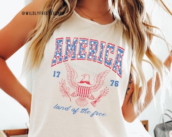 Regata Comfort Colors® America, Regata Oversized para o 4 de Julho, Regata para o Dia da Memória, Regata Patriótica, Regata com Águia "Terra da Liberdade"