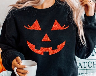 Halloween Sweatshirt, Pumpkin Sweatshirt, Glitter Jack O Lantern, Halloween Sweater Women, Long Sleeve Shirts, Halloween Costumes, Plus Size