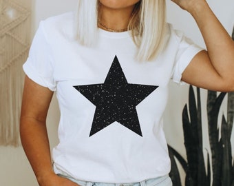 Star Shirt, Black Glitter Star Tshirt, Womens Clothing Tshirts , Star Tee Shirt, Gifts for Women, Casual Clothes, Five Point Star Shirt