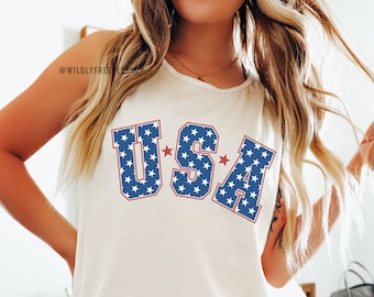 Regata feminina com estampa do Dia 4 de Julho dos EUA, look patriótico americano.