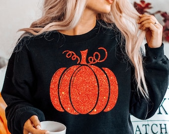 Felpa autunnale con zucca, felpa arancione glitterata con zucca, maglione del Ringraziamento, maglietta con zucca, girocollo con zucca, abbigliamento autunnale da donna