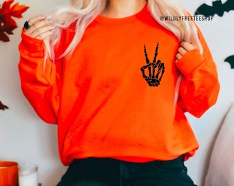Sudadera de Halloween con el símbolo de la paz y esqueleto: Camiseta de otoño espeluznante