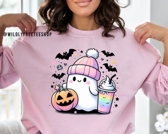 Pink Halloween Ghost Sweatshirt: Spooky Latte Crewneck